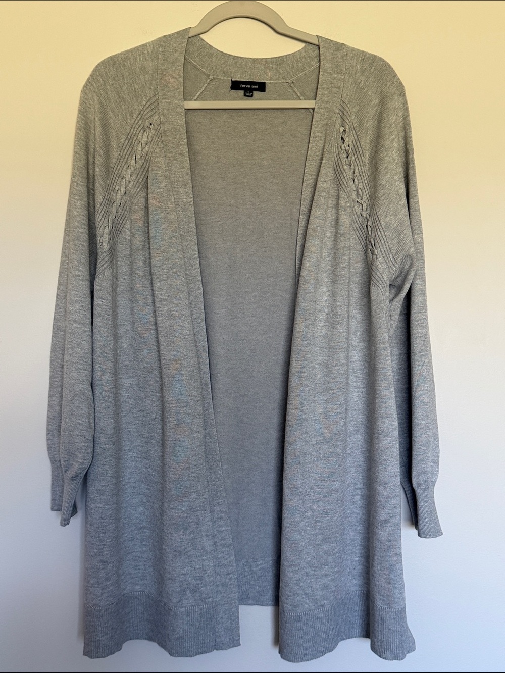 Light Gray Open-Front Cardigan with Braided Shoulder Detail